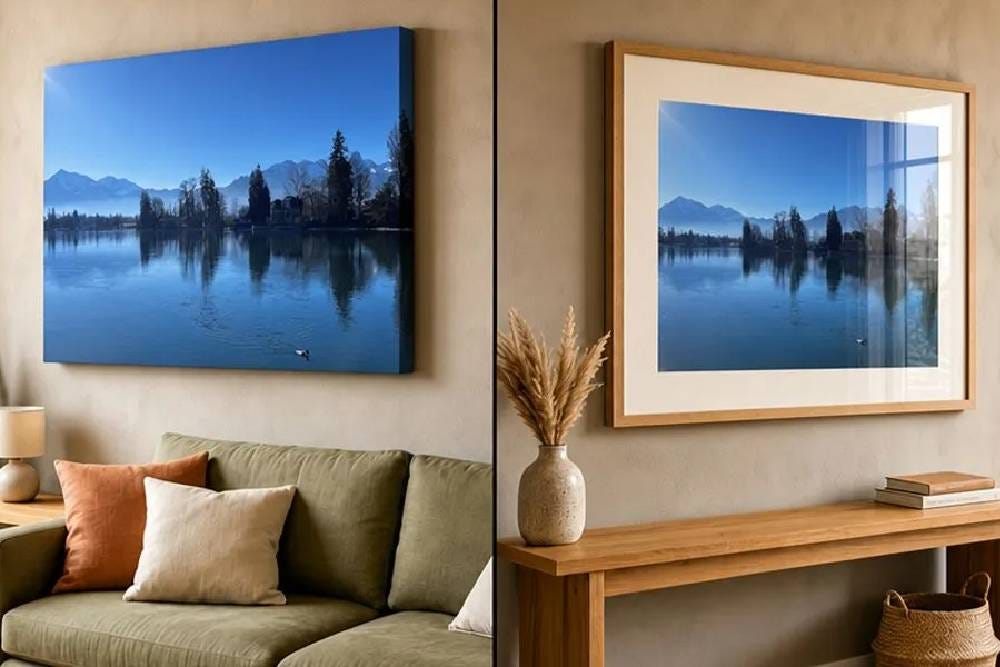 split screen image of a living room with a canvas print and a framed print