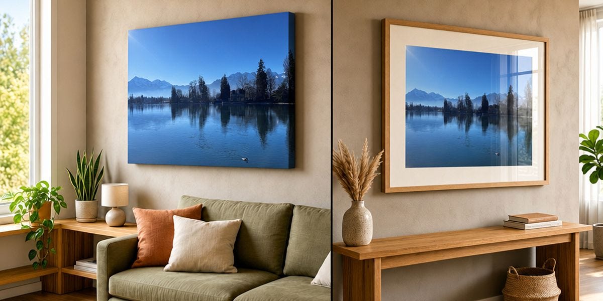 split screen image of a living room with a canvas print and a framed print