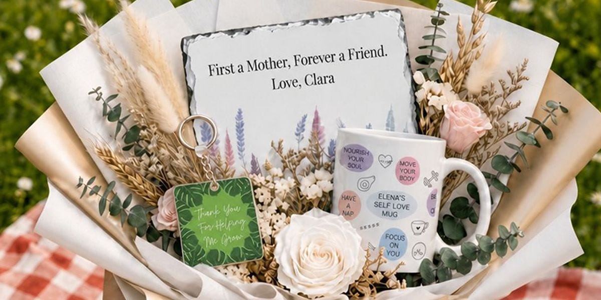 creative kindness gifts displayed in a gifts bouquet on a picnic blanket surrounded by grass