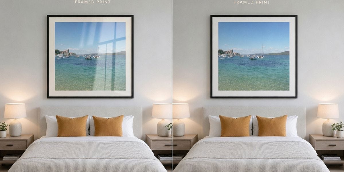 split screen image of a bedroom showing framed glossy vs matt photos