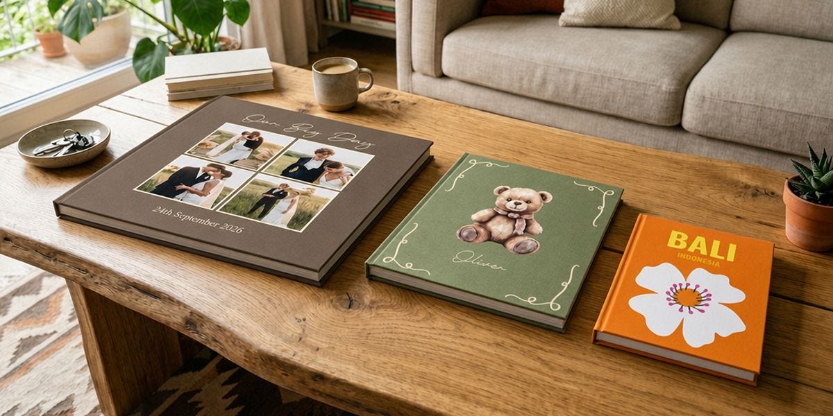 small, medium and large photo book sizes on a coffee table