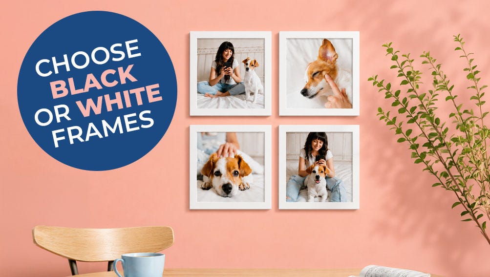 four framed photo tiles displayed on a wall