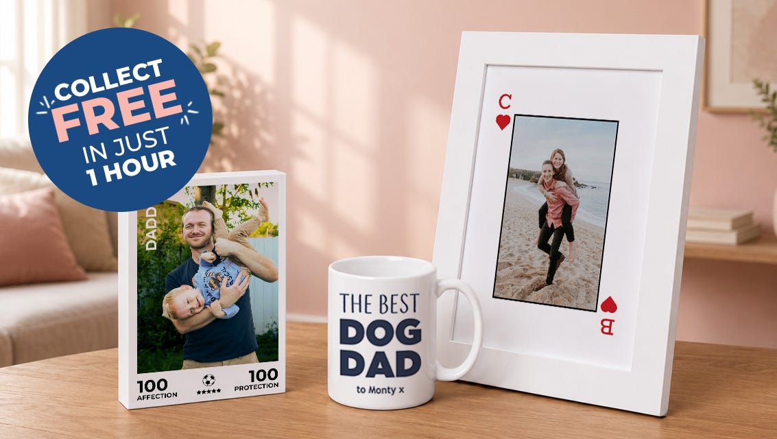 a framed print, mug and keyring for him