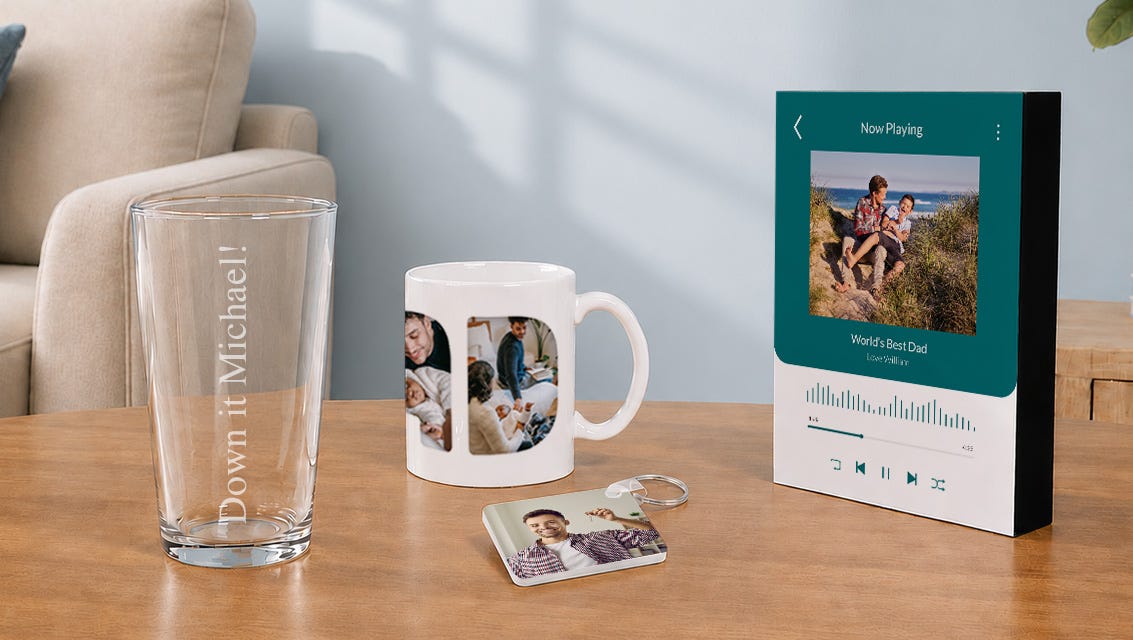 engraved and personalised gifts for him on a tabletop