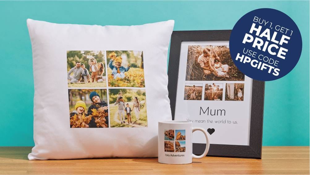 personalised photo mug, cushion and framed print