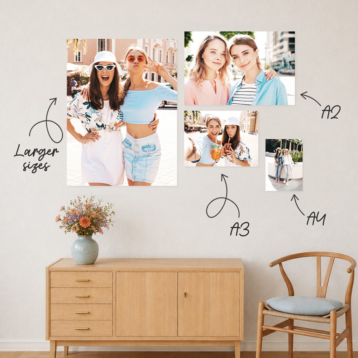 selection of poster printing sizes on a wall