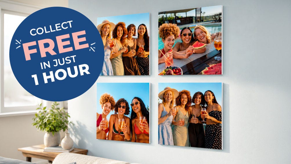 set of 4 vibrant photo tiles on the wall