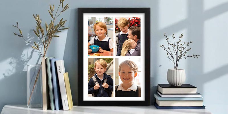 A framed collage photo print filled with a child's back to school photos.