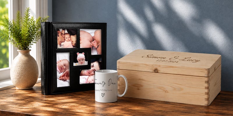 A personalised photo book, personalised mug and personalised keepsake box displayed on a wooden table.