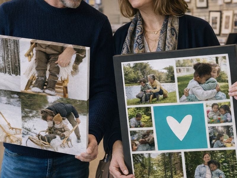a couple holding a canvas print and a framed print in a Max Spielmann shop