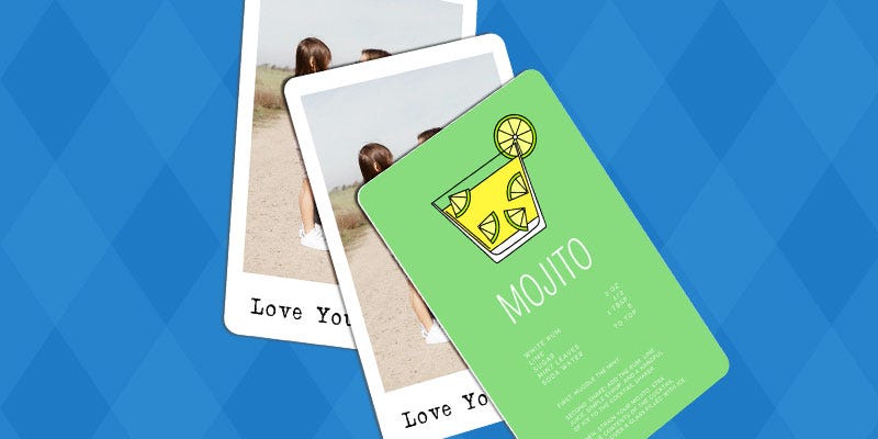 Metal card with Mojito cocktail recipie and a family photo on the other side