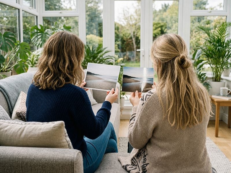 two women sitting on a sofa in a conservatory, with one woman holding a matt photo print and the other woman holding a glossy photo print