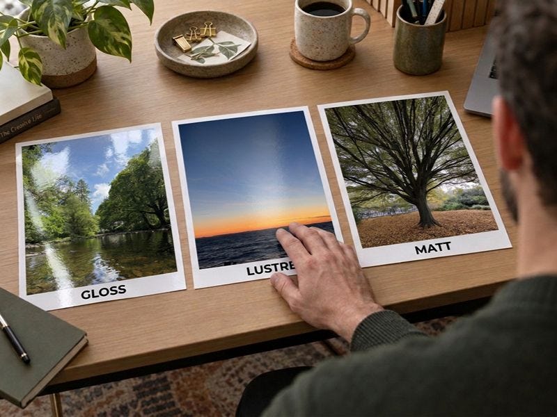 a glossy photo print, lustre photo print and matt photo print on an office desk, with a man's hand touching the lustre photo print