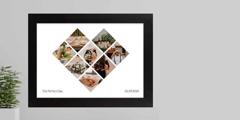 Wedding photo collage in the shape of a heart. Text says "The Perfect Day" with a wedding date.